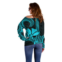 Custom Hawaii Off Shoulder Sweater Paradise of the Pacific Tribal Kakau for King Kamehameha Day - Aqua - Wonder Print Shop