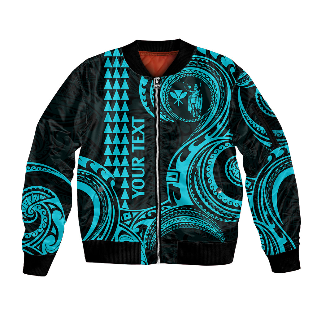 Custom Hawaii Sleeve Zip Bomber Jacket Paradise of the Pacific Tribal Kakau for King Kamehameha Day - Aqua - Wonder Print Shop