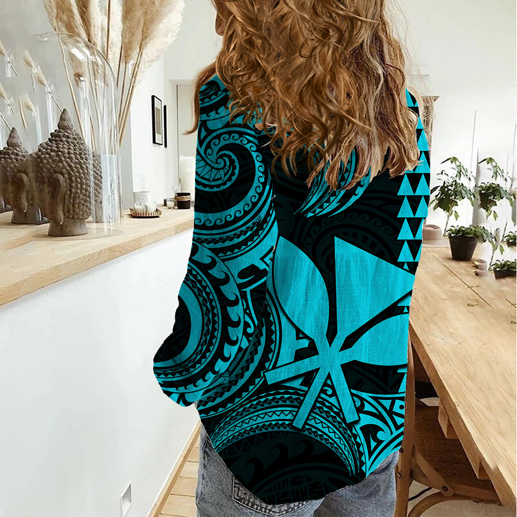 Custom Hawaii Women Casual Shirt Paradise of the Pacific Tribal Kakau for King Kamehameha Day - Aqua - Wonder Print Shop
