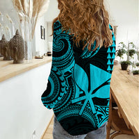 Custom Hawaii Women Casual Shirt Paradise of the Pacific Tribal Kakau for King Kamehameha Day - Aqua - Wonder Print Shop