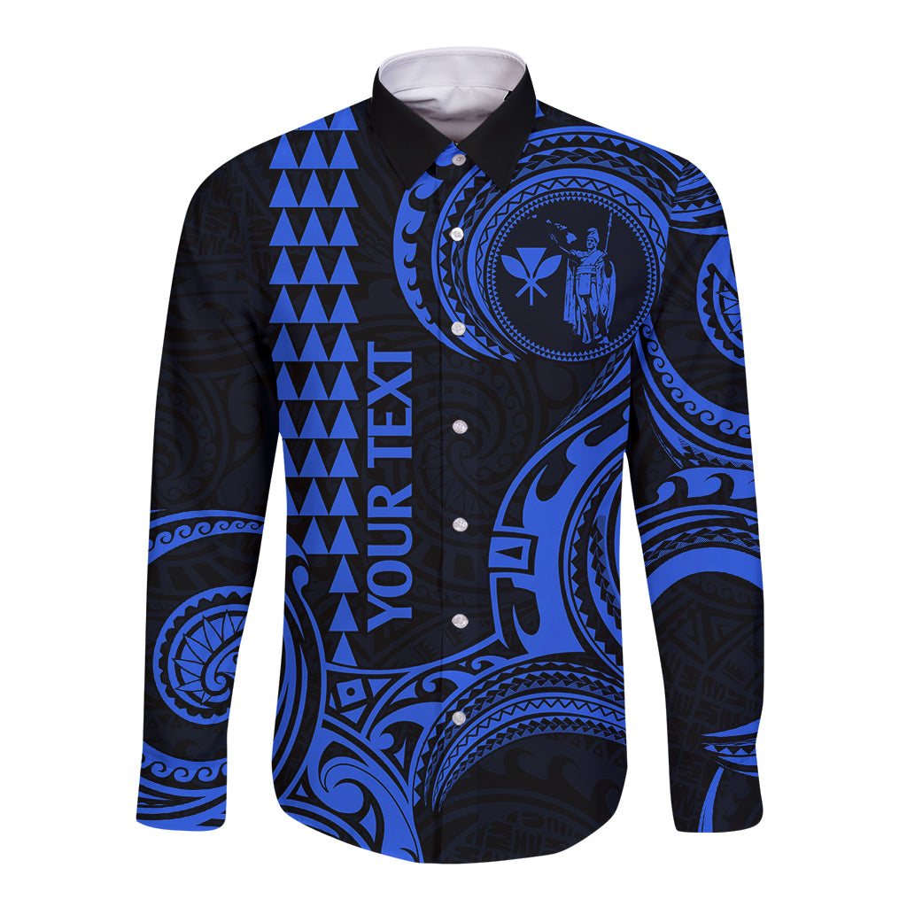 Custom Hawaii Long Sleeve Button Shirt Paradise of the Pacific Tribal Kakau for King Kamehameha Day - Blue - Wonder Print Shop