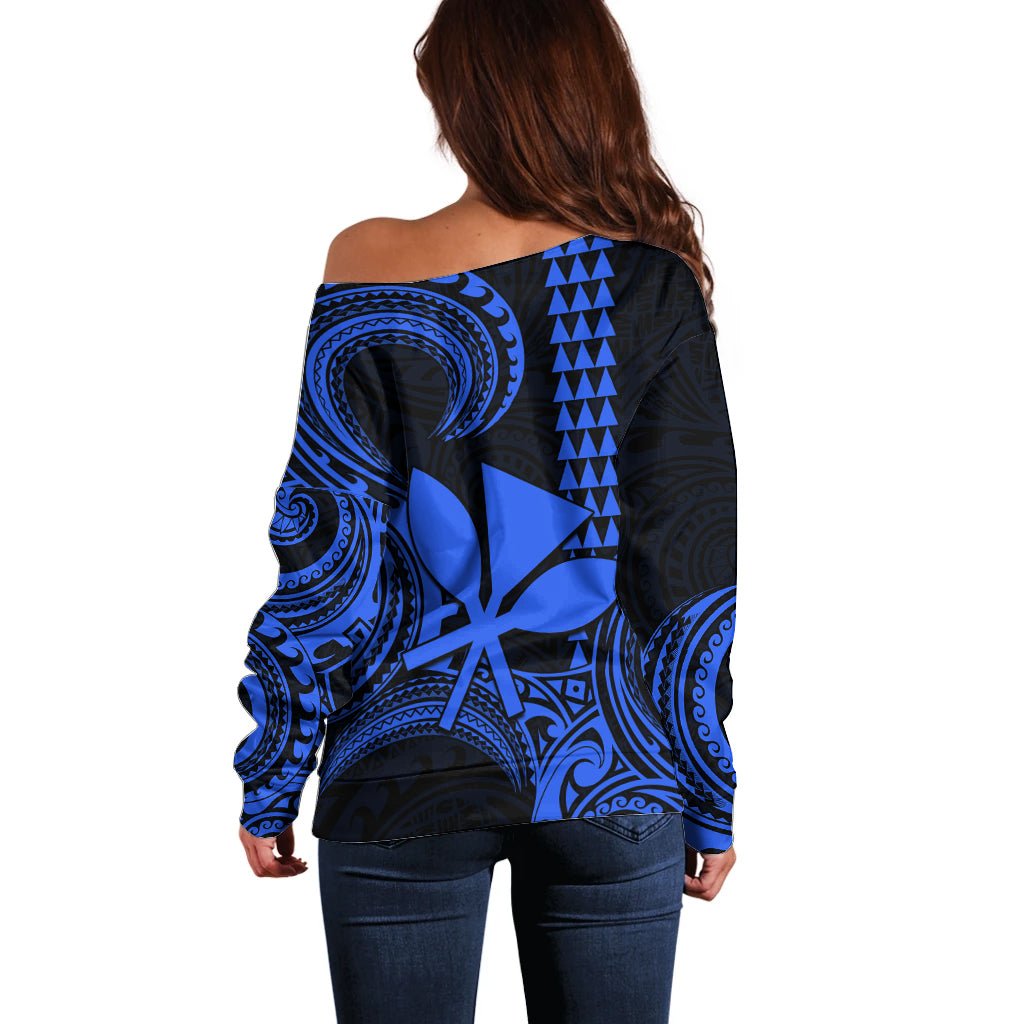 Custom Hawaii Off Shoulder Sweater Paradise of the Pacific Tribal Kakau for King Kamehameha Day - Blue - Wonder Print Shop