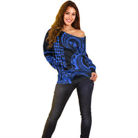 Custom Hawaii Off Shoulder Sweater Paradise of the Pacific Tribal Kakau for King Kamehameha Day - Blue - Wonder Print Shop