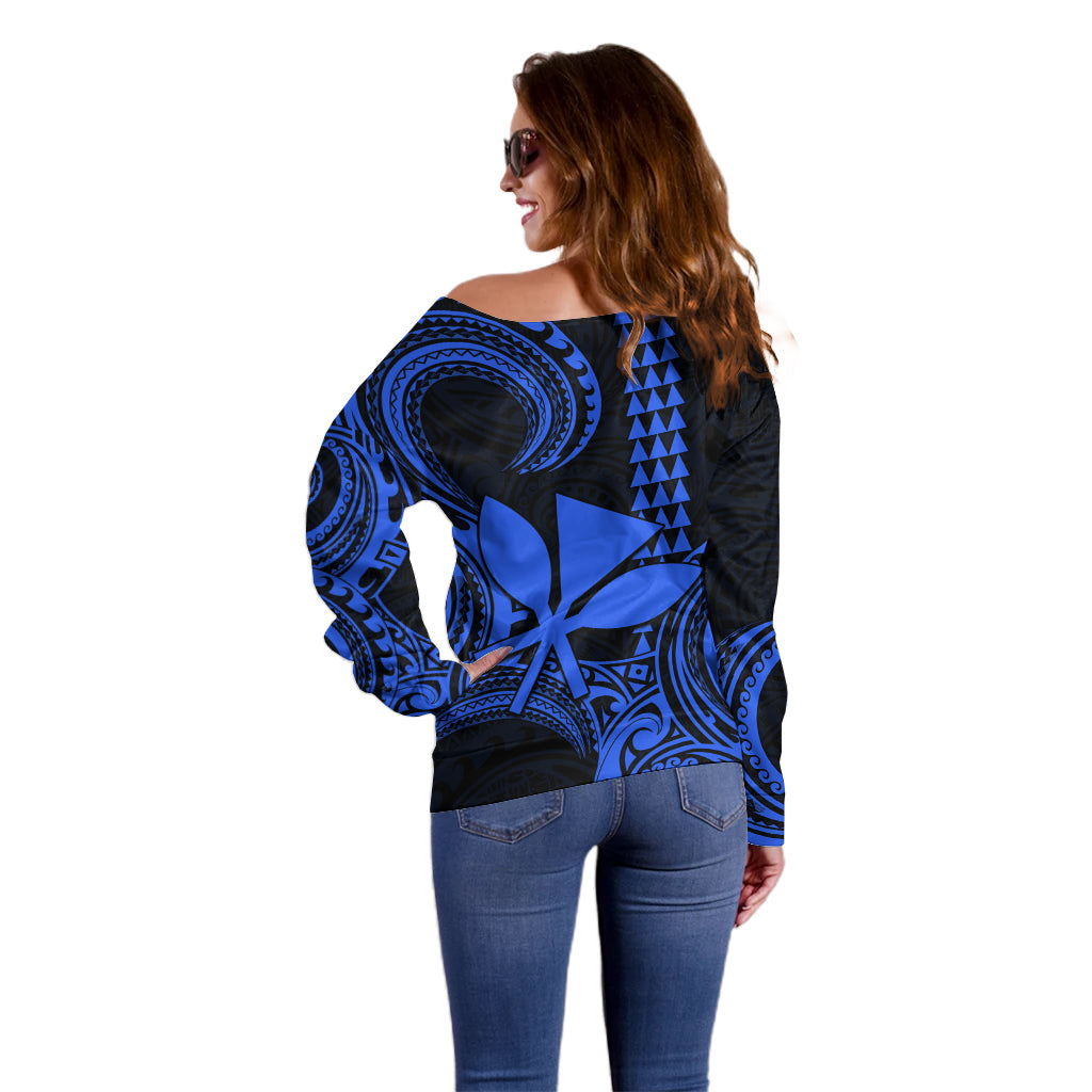 Custom Hawaii Off Shoulder Sweater Paradise of the Pacific Tribal Kakau for King Kamehameha Day - Blue - Wonder Print Shop