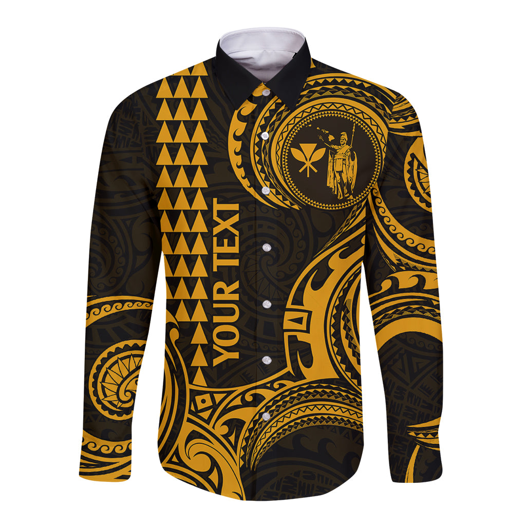 Custom Hawaii Long Sleeve Button Shirt Paradise of the Pacific Tribal Kakau for King Kamehameha Day - Gold - Wonder Print Shop