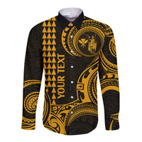 Custom Hawaii Long Sleeve Button Shirt Paradise of the Pacific Tribal Kakau for King Kamehameha Day - Gold - Wonder Print Shop