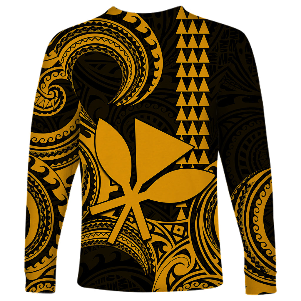 Custom Hawaii Long Sleeve Shirt Paradise of the Pacific Tribal Kakau for King Kamehameha Day - Gold - Wonder Print Shop