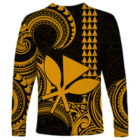 Custom Hawaii Long Sleeve Shirt Paradise of the Pacific Tribal Kakau for King Kamehameha Day - Gold - Wonder Print Shop