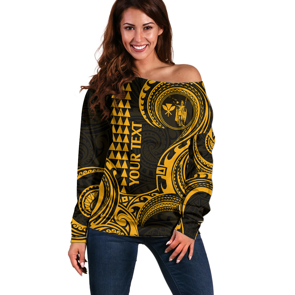 Custom Hawaii Off Shoulder Sweater Paradise of the Pacific Tribal Kakau for King Kamehameha Day - Gold - Wonder Print Shop