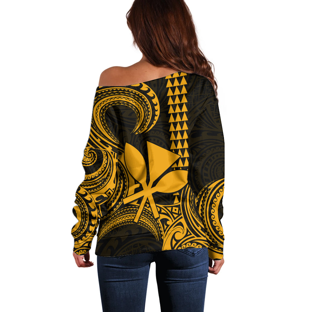 Custom Hawaii Off Shoulder Sweater Paradise of the Pacific Tribal Kakau for King Kamehameha Day - Gold - Wonder Print Shop