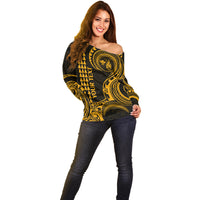 Custom Hawaii Off Shoulder Sweater Paradise of the Pacific Tribal Kakau for King Kamehameha Day - Gold - Wonder Print Shop