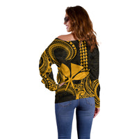 Custom Hawaii Off Shoulder Sweater Paradise of the Pacific Tribal Kakau for King Kamehameha Day - Gold - Wonder Print Shop