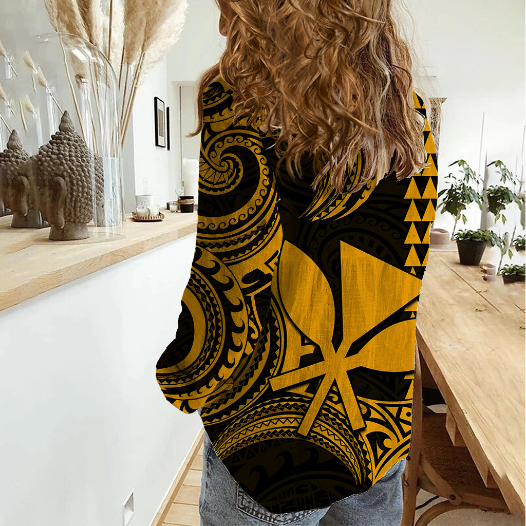 Custom Hawaii Women Casual Shirt Paradise of the Pacific Tribal Kakau for King Kamehameha Day - Gold - Wonder Print Shop