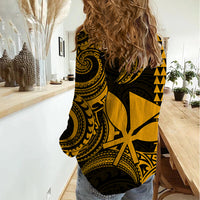 Custom Hawaii Women Casual Shirt Paradise of the Pacific Tribal Kakau for King Kamehameha Day - Gold - Wonder Print Shop