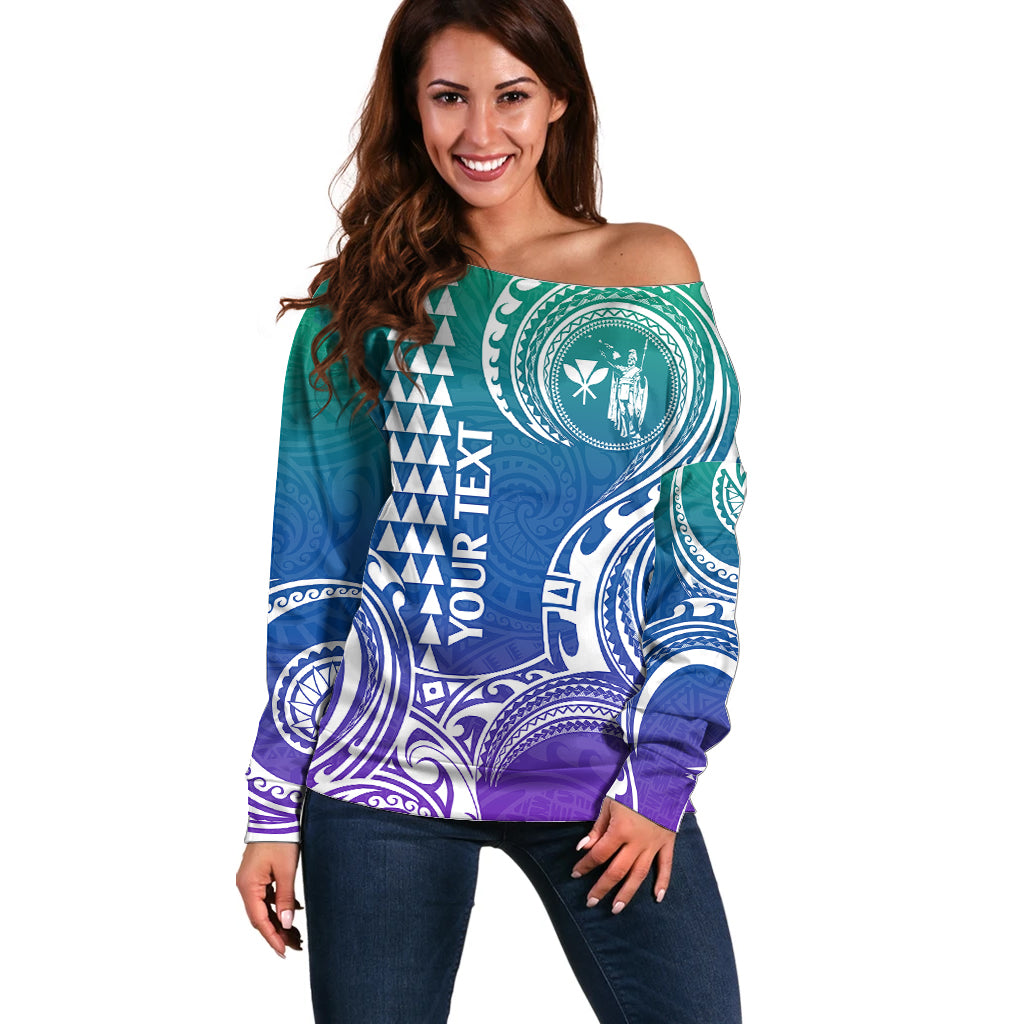 Custom Hawaii Off Shoulder Sweater Paradise of the Pacific Tribal Kakau for King Kamehameha Day - Gradient - Wonder Print Shop