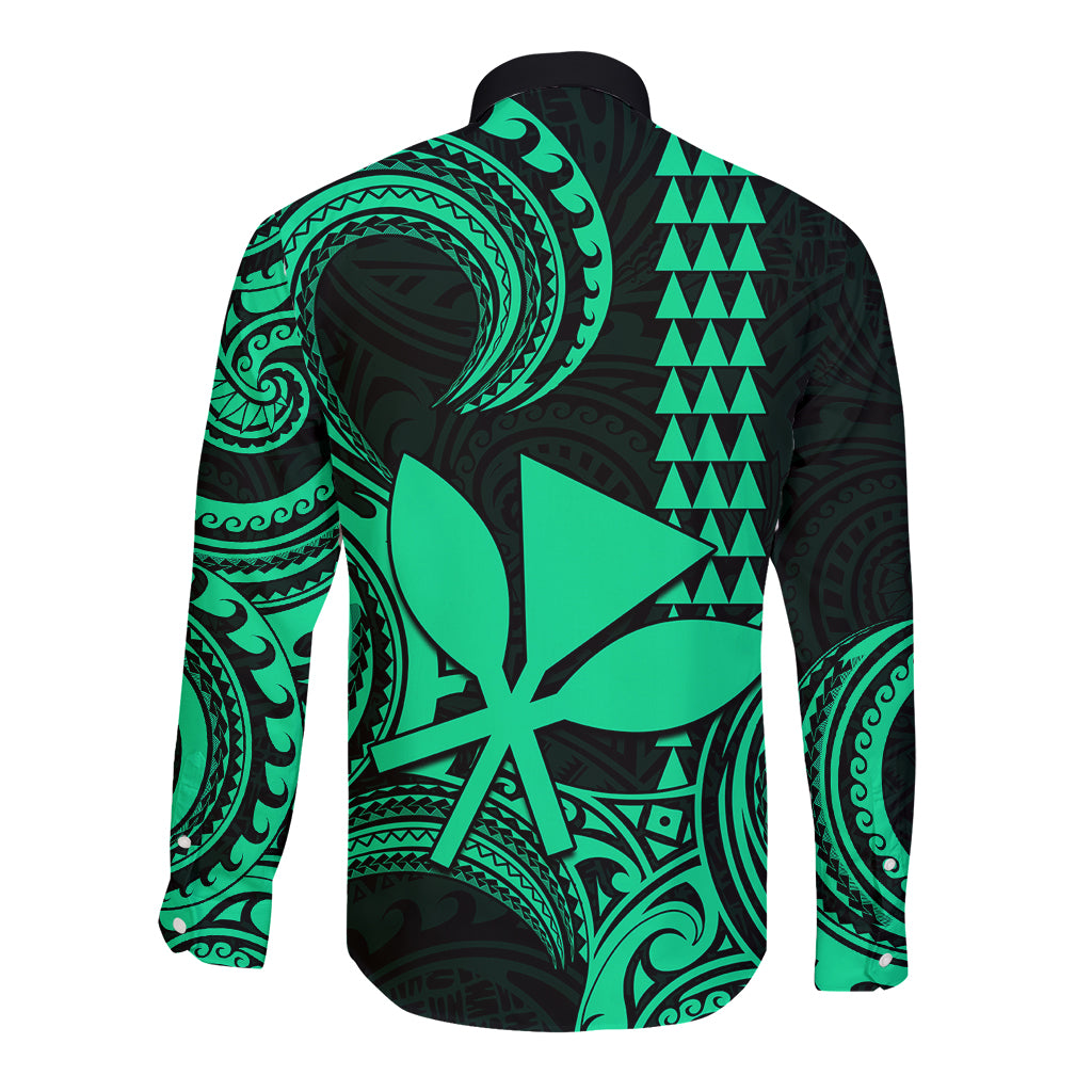 Custom Hawaii Long Sleeve Button Shirt Paradise of the Pacific Tribal Kakau for King Kamehameha Day - Green - Wonder Print Shop