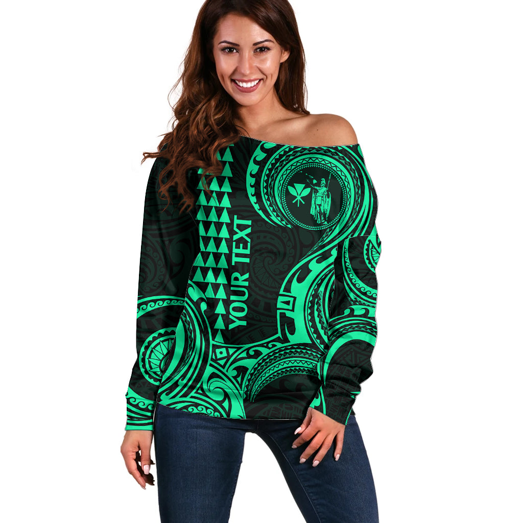 Custom Hawaii Off Shoulder Sweater Paradise of the Pacific Tribal Kakau for King Kamehameha Day - Green - Wonder Print Shop