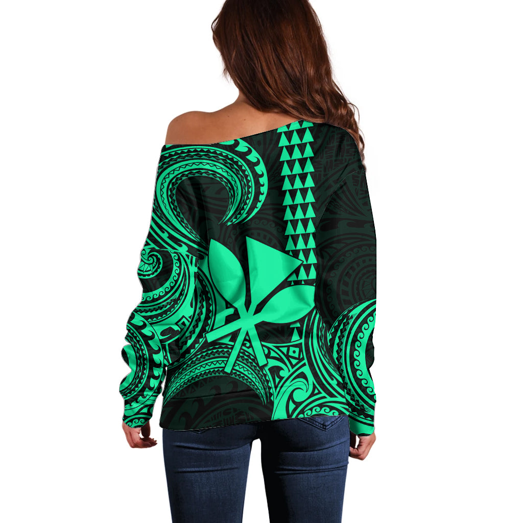 Custom Hawaii Off Shoulder Sweater Paradise of the Pacific Tribal Kakau for King Kamehameha Day - Green - Wonder Print Shop