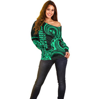 Custom Hawaii Off Shoulder Sweater Paradise of the Pacific Tribal Kakau for King Kamehameha Day - Green - Wonder Print Shop
