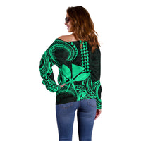 Custom Hawaii Off Shoulder Sweater Paradise of the Pacific Tribal Kakau for King Kamehameha Day - Green - Wonder Print Shop