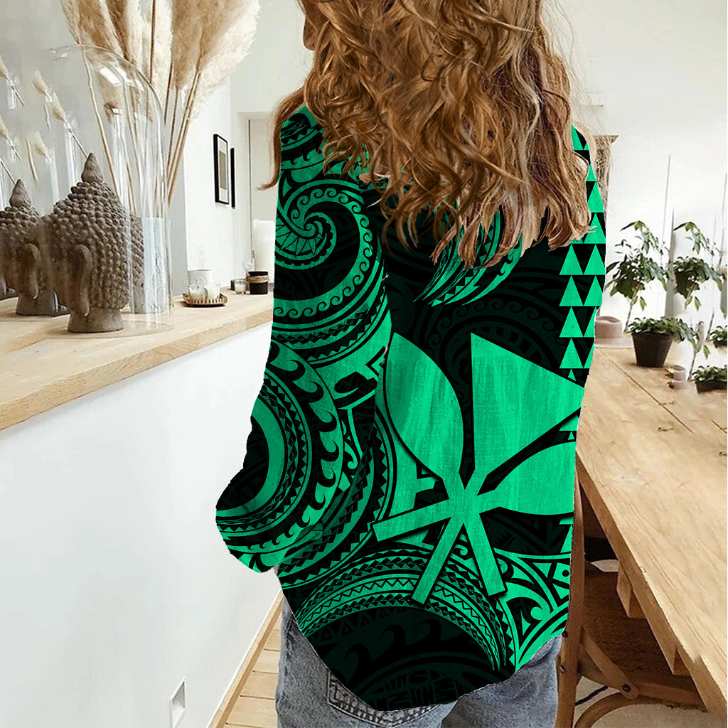 Custom Hawaii Women Casual Shirt Paradise of the Pacific Tribal Kakau for King Kamehameha Day - Green - Wonder Print Shop