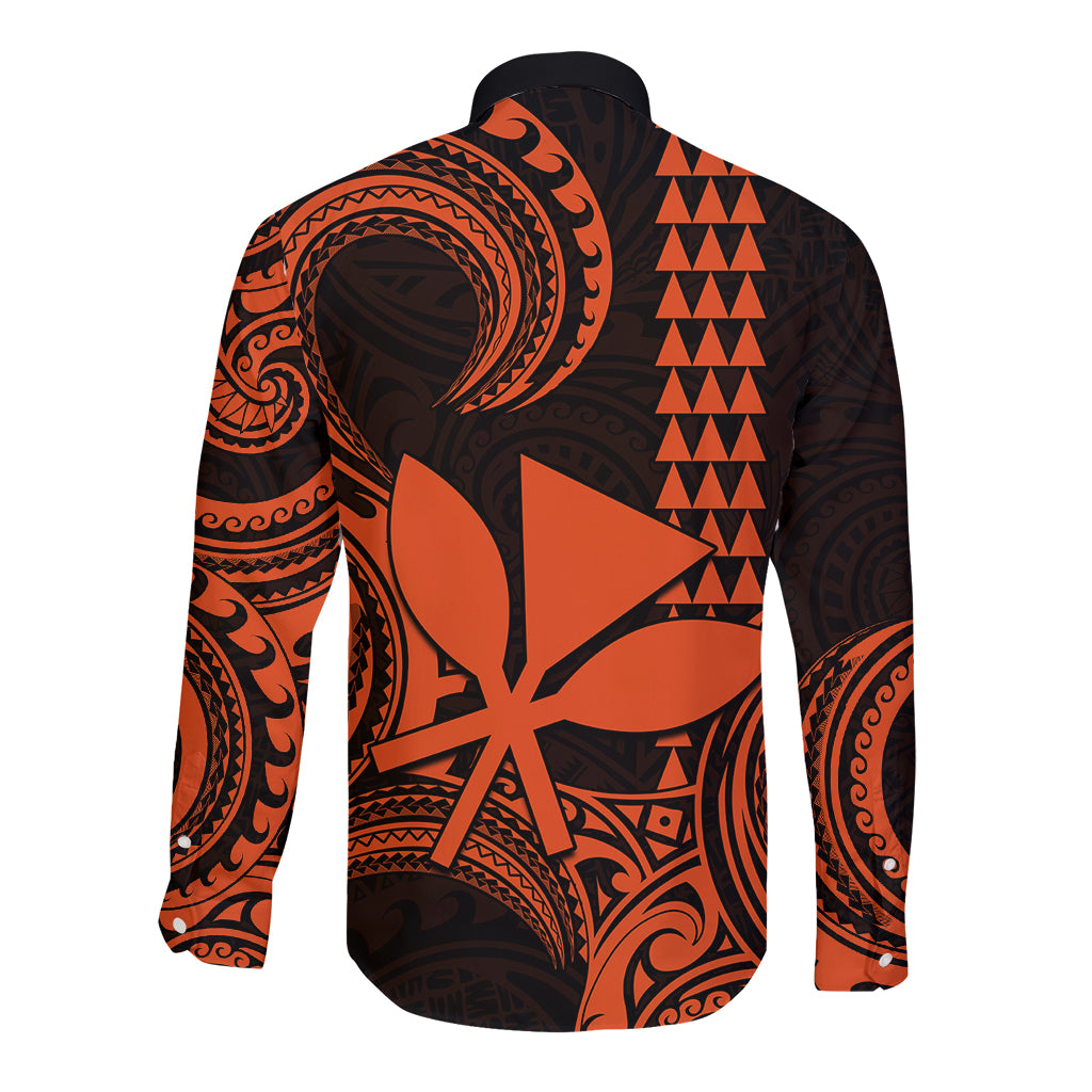 Custom Hawaii Long Sleeve Button Shirt Paradise of the Pacific Tribal Kakau for King Kamehameha Day - Orange - Wonder Print Shop