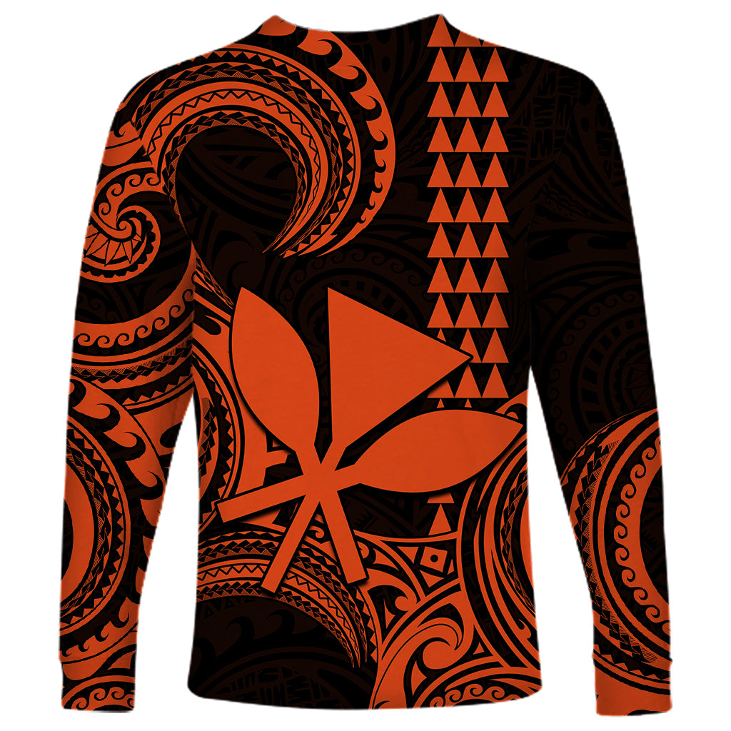 Custom Hawaii Long Sleeve Shirt Paradise of the Pacific Tribal Kakau for King Kamehameha Day - Orange - Wonder Print Shop