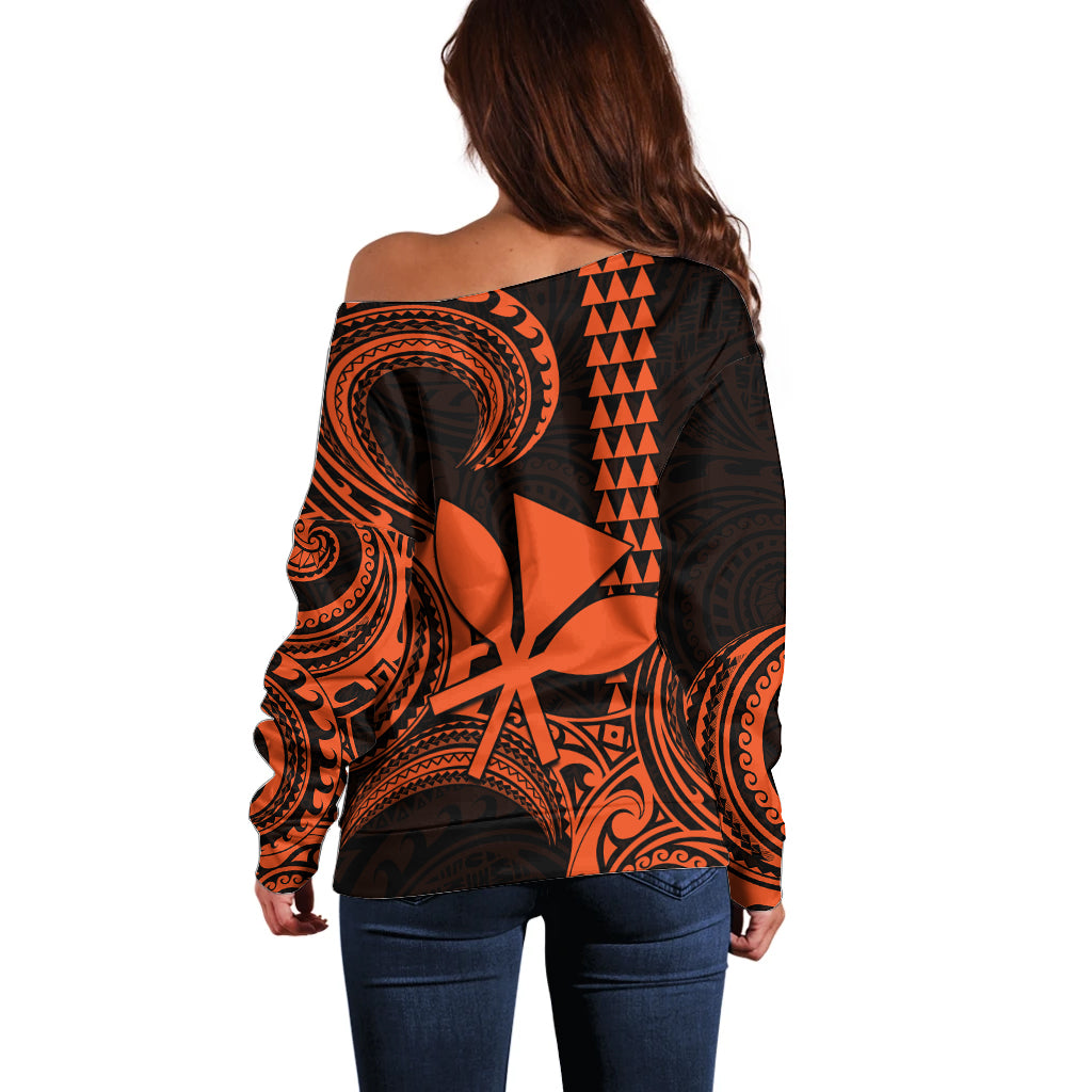 Custom Hawaii Off Shoulder Sweater Paradise of the Pacific Tribal Kakau for King Kamehameha Day - Orange - Wonder Print Shop