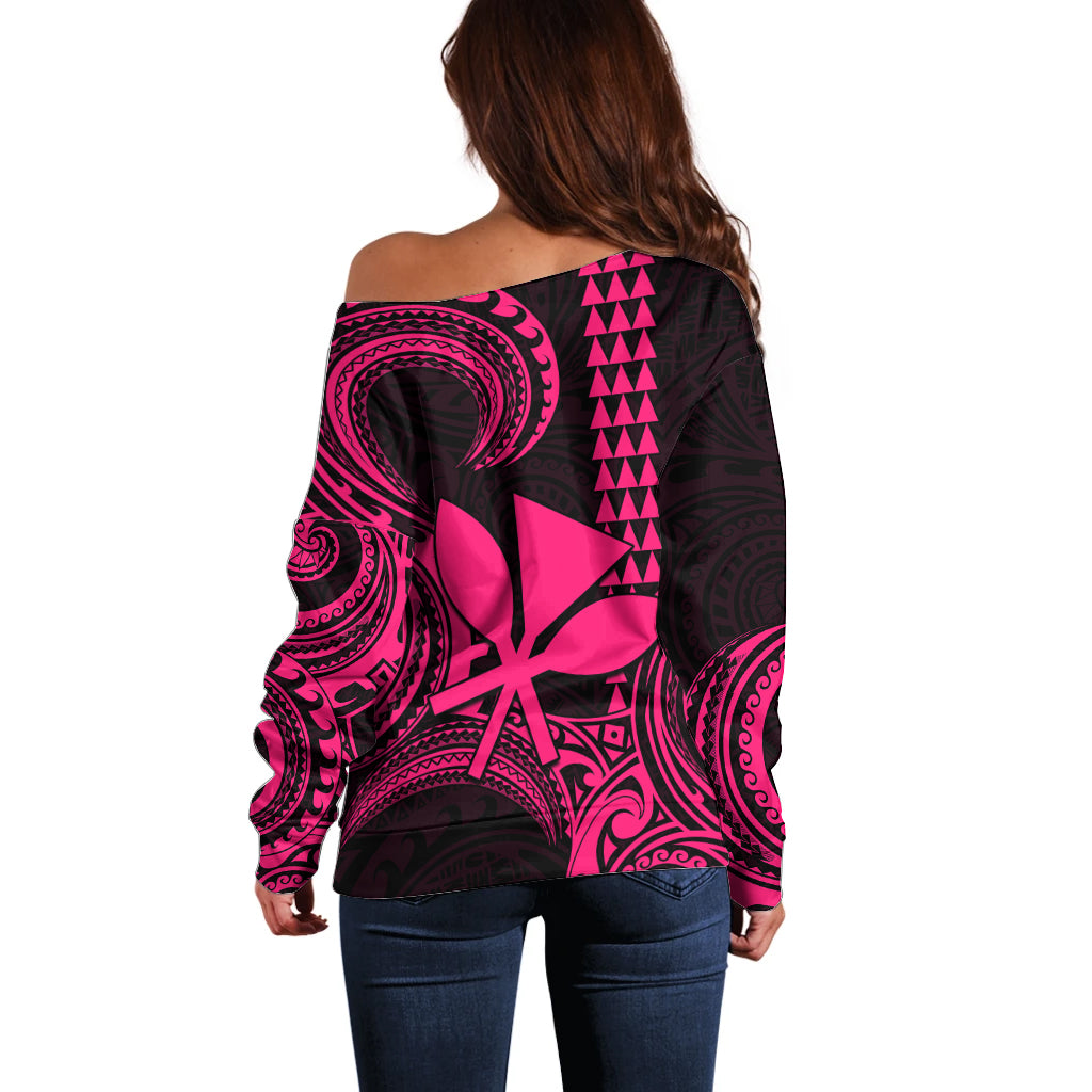 Custom Hawaii Off Shoulder Sweater Paradise of the Pacific Tribal Kakau for King Kamehameha Day - Pink - Wonder Print Shop