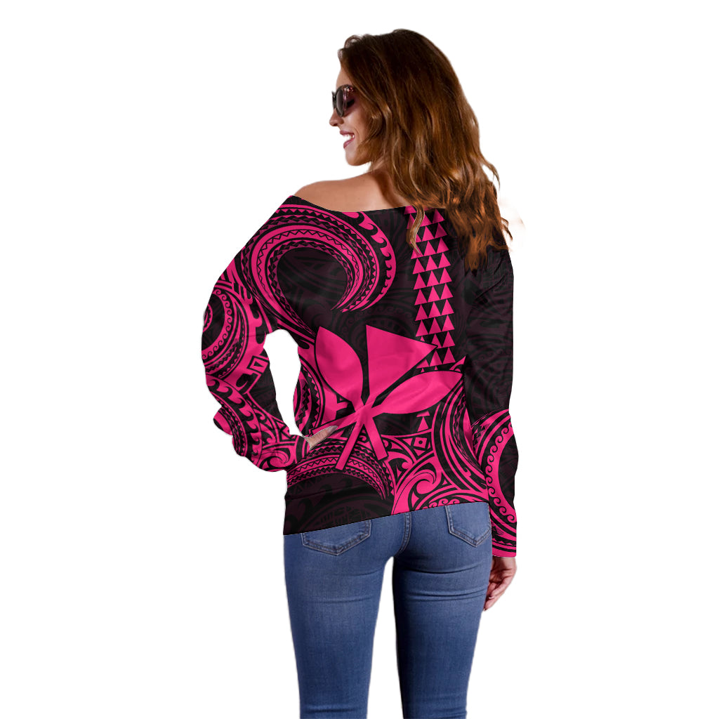 Custom Hawaii Off Shoulder Sweater Paradise of the Pacific Tribal Kakau for King Kamehameha Day - Pink - Wonder Print Shop