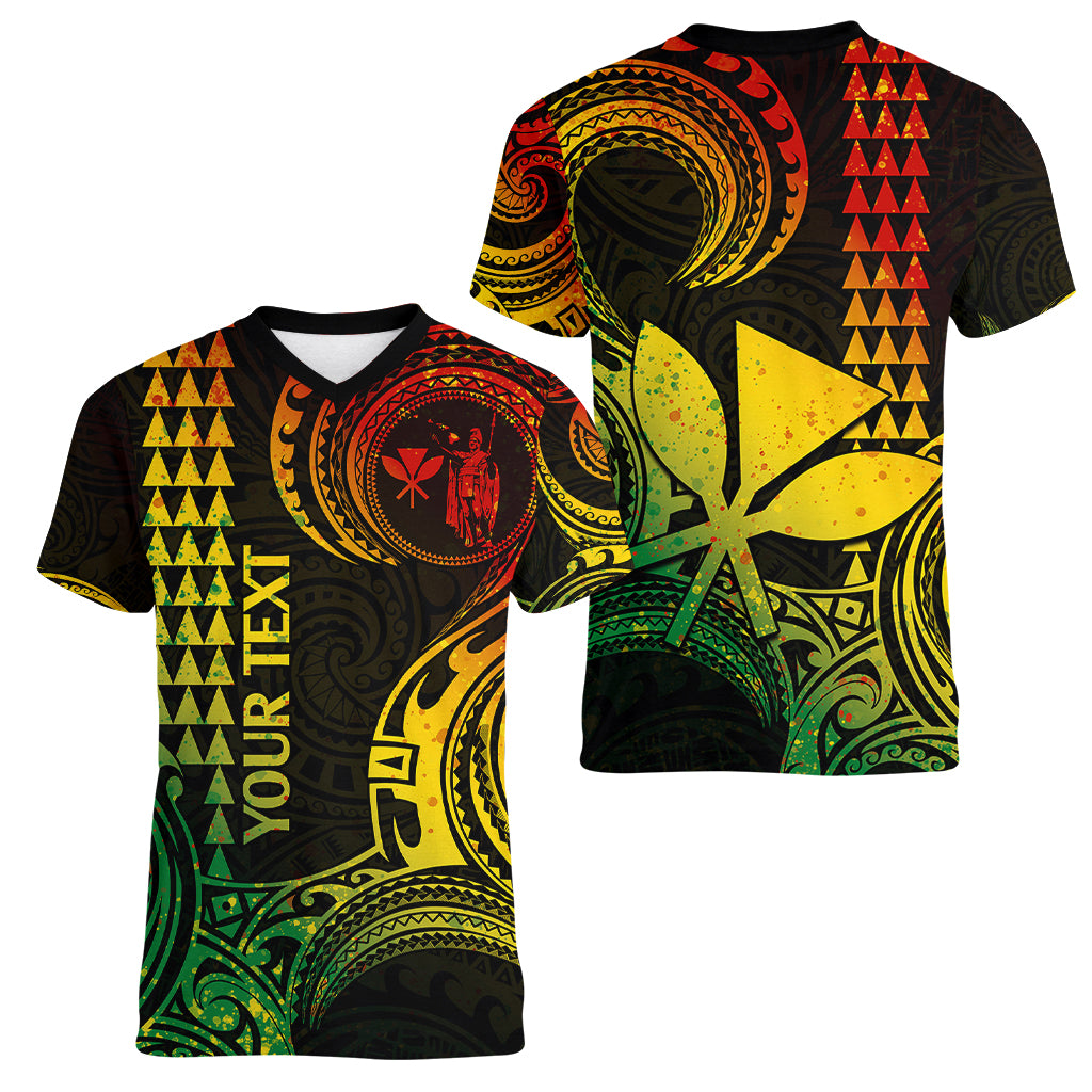 Custom Hawaii Women V Neck T Shirt Paradise of the Pacific Tribal Kakau for King Kamehameha Day - Reggae - Wonder Print Shop