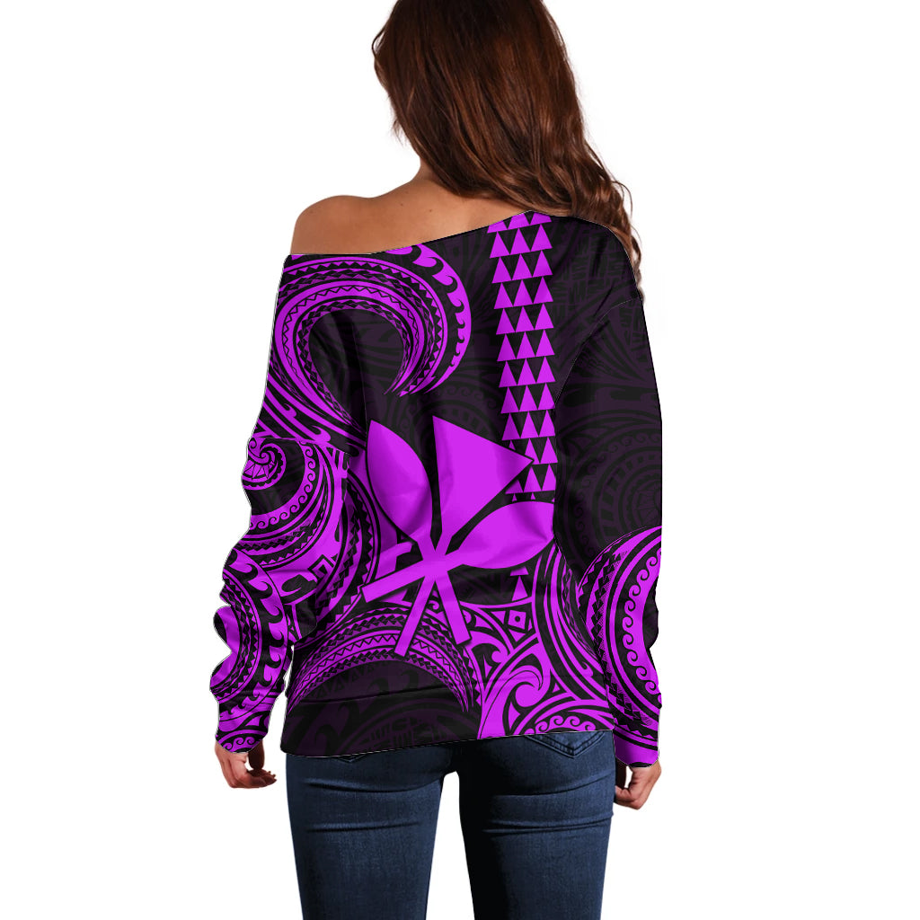 Custom Hawaii Off Shoulder Sweater Paradise of the Pacific Tribal Kakau for King Kamehameha Day - Purple - Wonder Print Shop