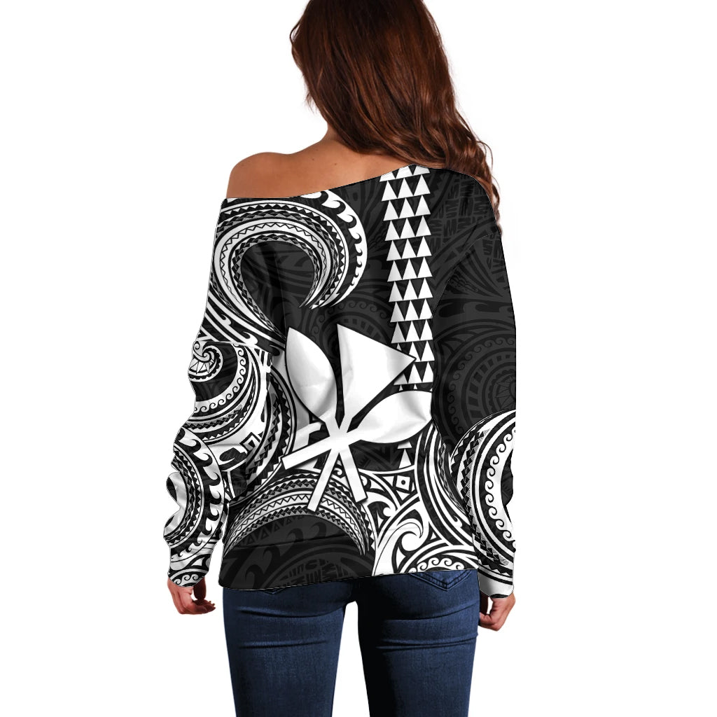 Custom Hawaii Off Shoulder Sweater Paradise of the Pacific Tribal Kakau for King Kamehameha Day - White - Wonder Print Shop