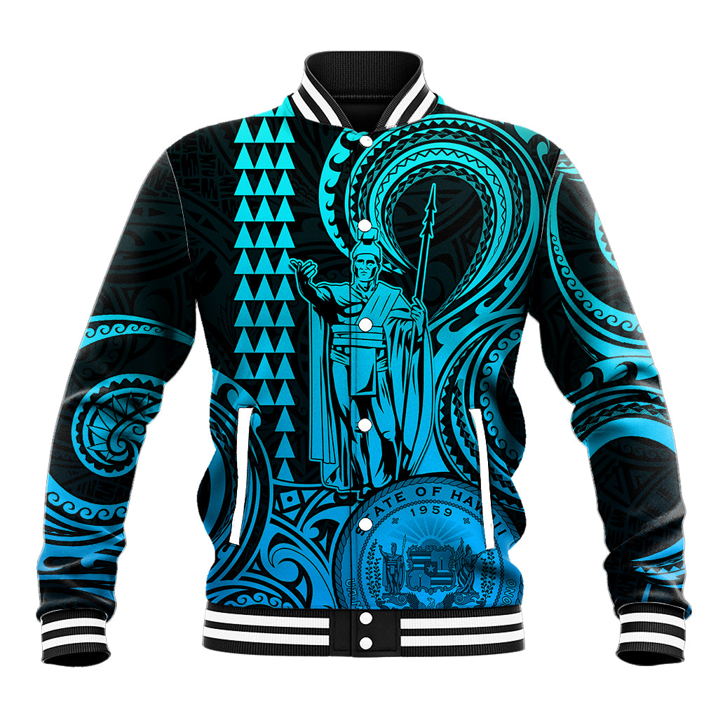 Custom Happy King Kamehameha Day Hawaii Baseball Jacket Paradise of the Pacific Tribal Kakau with Kanaka Maoli - Aqua LT9 - Wonder Print Shop