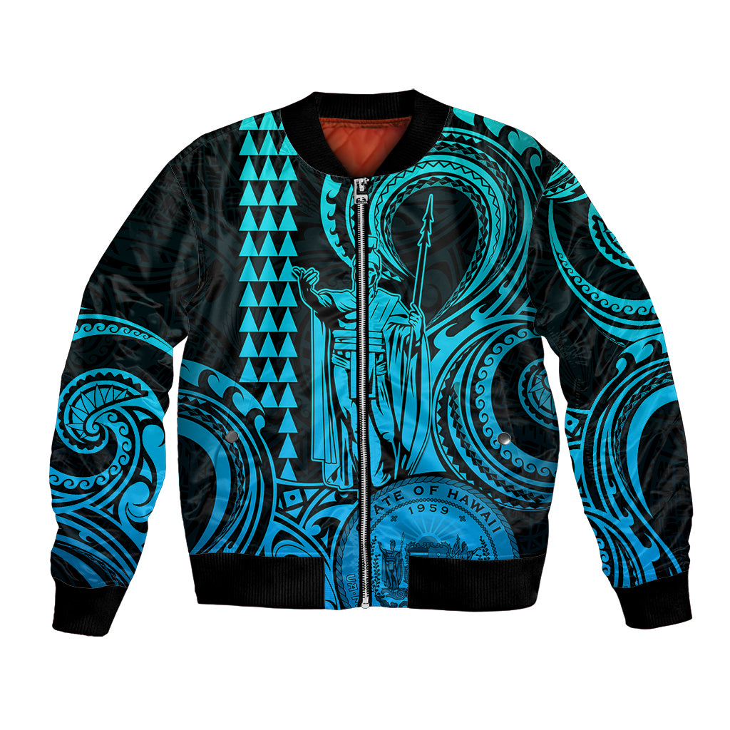 Custom Happy King Kamehameha Day Hawaii Bomber Jacket Paradise of the Pacific Tribal Kakau with Kanaka Maoli - Aqua LT9 - Wonder Print Shop
