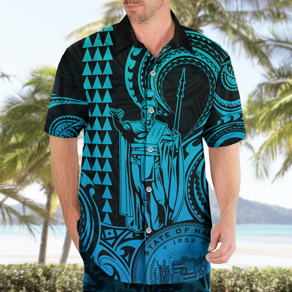 Custom Happy King Kamehameha Day Hawaii Hawaiian Shirt Paradise of the Pacific Tribal Kakau with Kanaka Maoli - Aqua - Wonder Print Shop