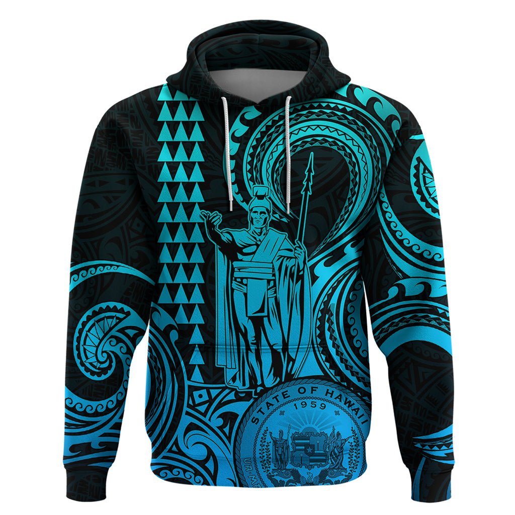 Custom Happy King Kamehameha Day Hawaii Hoodie Paradise of the Pacific Tribal Kakau with Kanaka Maoli - Aqua - Wonder Print Shop