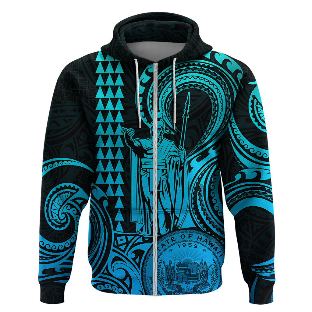 Custom Happy King Kamehameha Day Hawaii Hoodie Paradise of the Pacific Tribal Kakau with Kanaka Maoli - Aqua - Wonder Print Shop