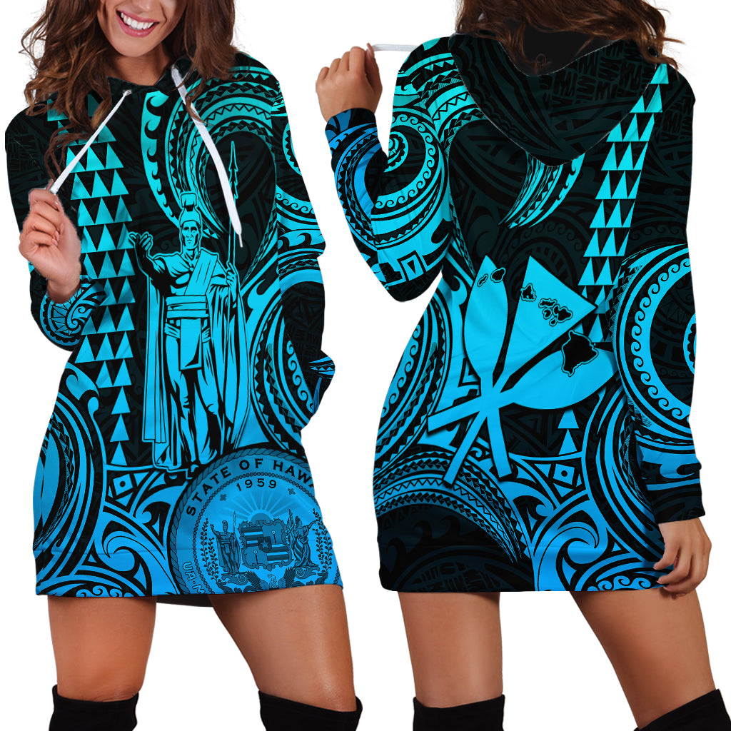 Custom Happy King Kamehameha Day Hawaii Hoodie Dress Paradise of the Pacific Tribal Kakau with Kanaka Maoli - Aqua - Wonder Print Shop