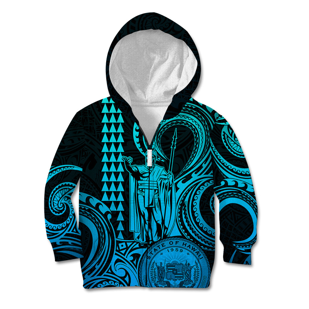 Custom Happy King Kamehameha Day Hawaii Kid Hoodie Paradise of the Pacific Tribal Kakau with Kanaka Maoli - Aqua - Wonder Print Shop
