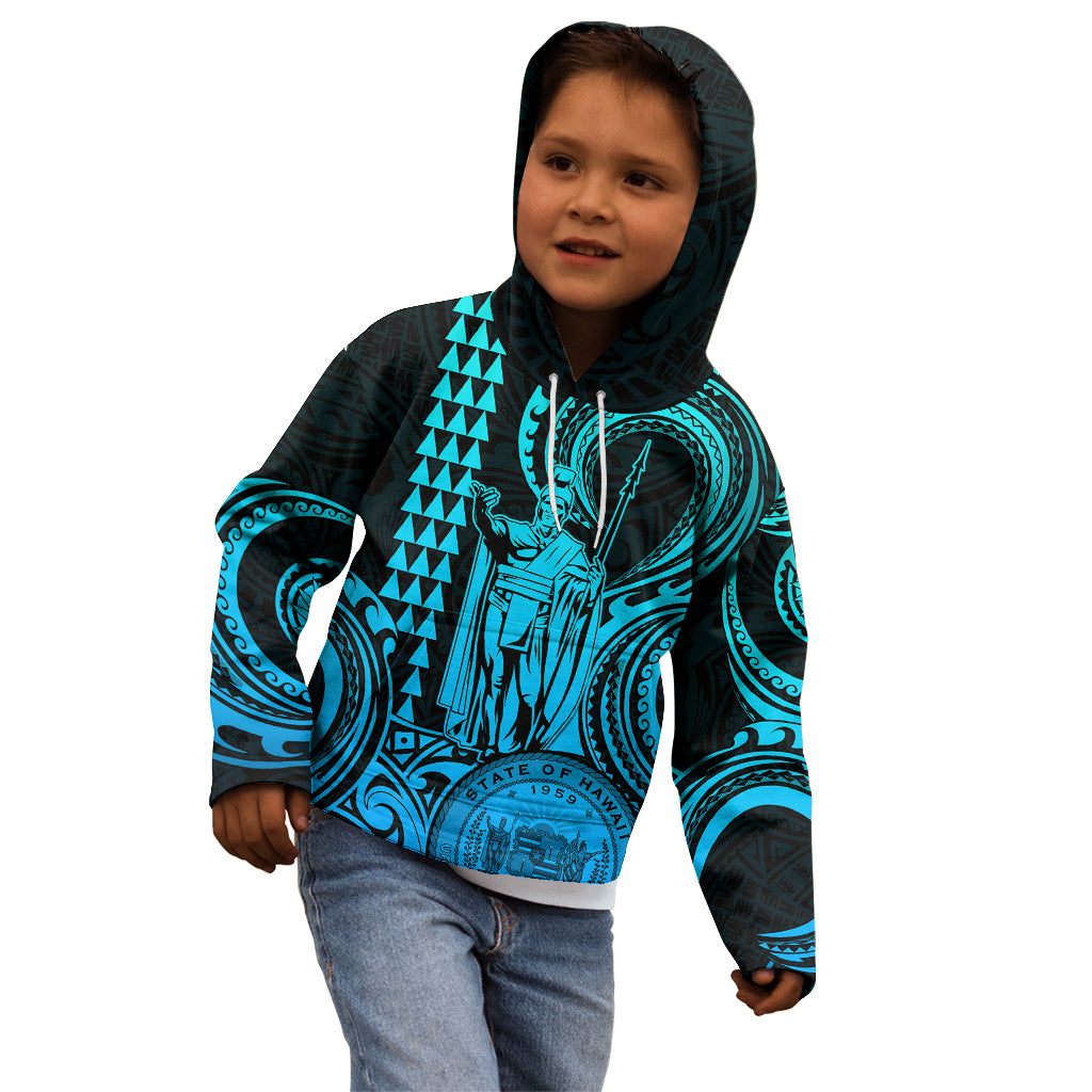 Custom Happy King Kamehameha Day Hawaii Kid Hoodie Paradise of the Pacific Tribal Kakau with Kanaka Maoli - Aqua - Wonder Print Shop