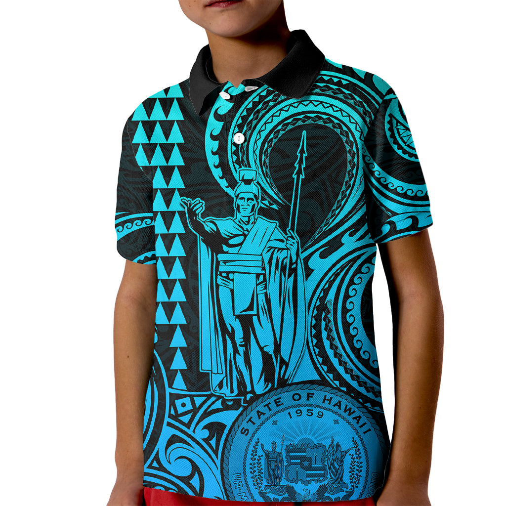 Custom Happy King Kamehameha Day Hawaii Kid Polo Shirt Paradise of the Pacific Tribal Kakau with Kanaka Maoli - Aqua - Wonder Print Shop