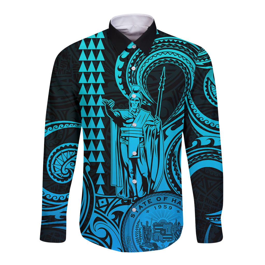 Custom Happy King Kamehameha Day Hawaii Long Sleeve Button Shirt Paradise of the Pacific Tribal Kakau with Kanaka Maoli - Aqua - Wonder Print Shop