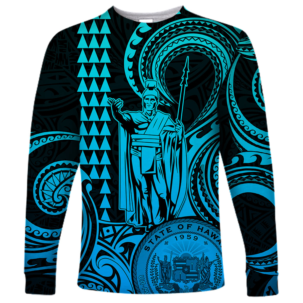 Custom Happy King Kamehameha Day Hawaii Long Sleeve Shirt Paradise of the Pacific Tribal Kakau with Kanaka Maoli - Aqua - Wonder Print Shop