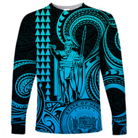 Custom Happy King Kamehameha Day Hawaii Long Sleeve Shirt Paradise of the Pacific Tribal Kakau with Kanaka Maoli - Aqua - Wonder Print Shop