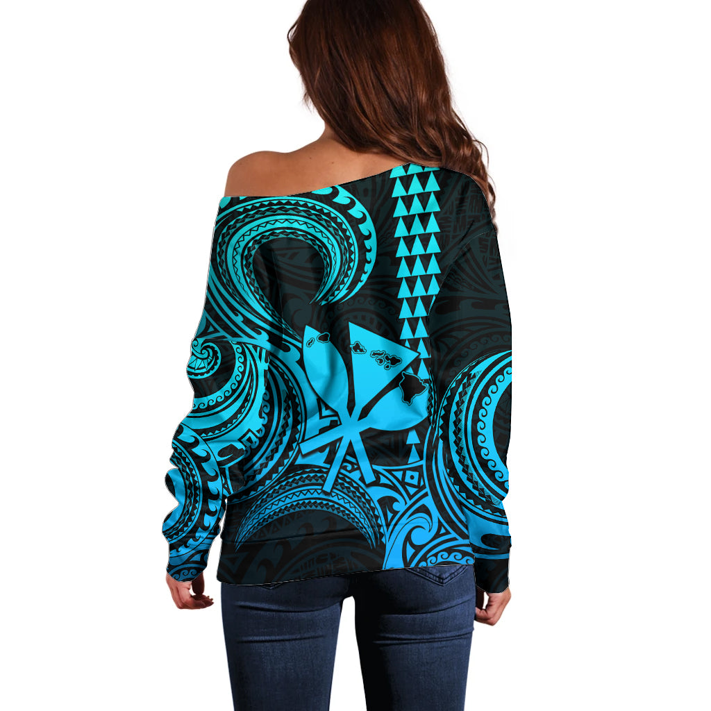 Custom Happy King Kamehameha Day Hawaii Off Shoulder Sweater Paradise of the Pacific Tribal Kakau with Kanaka Maoli - Aqua - Wonder Print Shop
