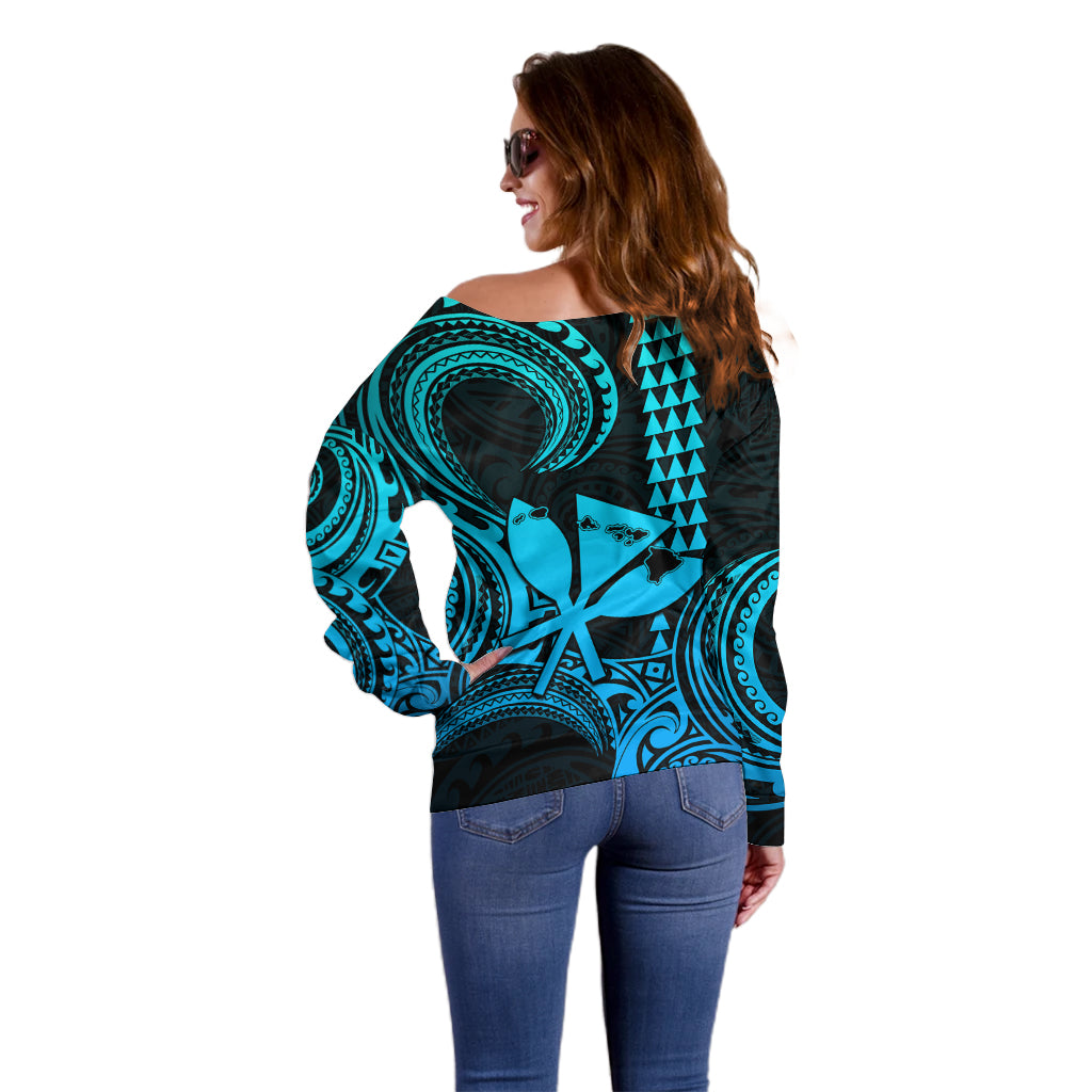 Custom Happy King Kamehameha Day Hawaii Off Shoulder Sweater Paradise of the Pacific Tribal Kakau with Kanaka Maoli - Aqua - Wonder Print Shop