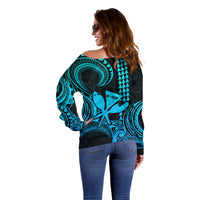 Custom Happy King Kamehameha Day Hawaii Off Shoulder Sweater Paradise of the Pacific Tribal Kakau with Kanaka Maoli - Aqua - Wonder Print Shop