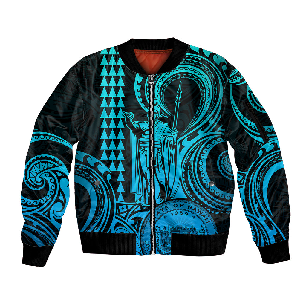 Custom Happy King Kamehameha Day Hawaii Sleeve Zip Bomber Jacket Paradise of the Pacific Tribal Kakau with Kanaka Maoli - Aqua - Wonder Print Shop