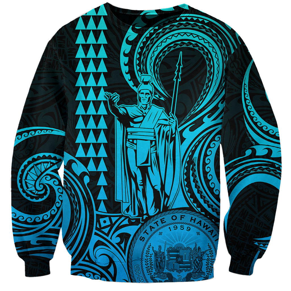 Custom Happy King Kamehameha Day Hawaii Sweatshirt Paradise of the Pacific Tribal Kakau with Kanaka Maoli - Aqua - Wonder Print Shop